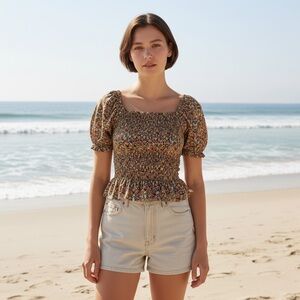 Emery Rose Floral Bohemian Cottagecore Puff Sleeve Lightweight Top Womens Small